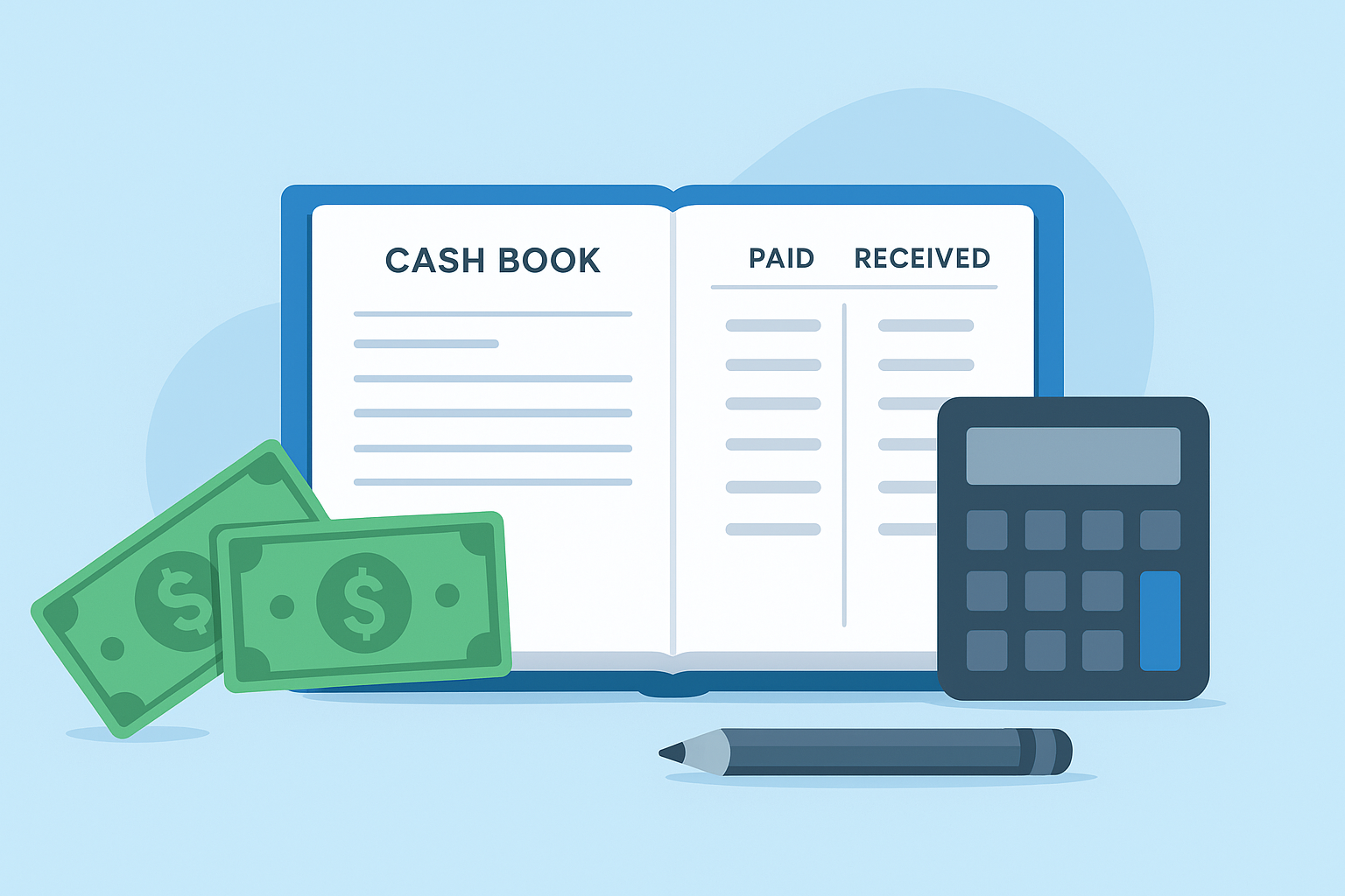 What is a Cash Book – Digital Illustration Illustration of a digital cash book with money, calculator, and pen