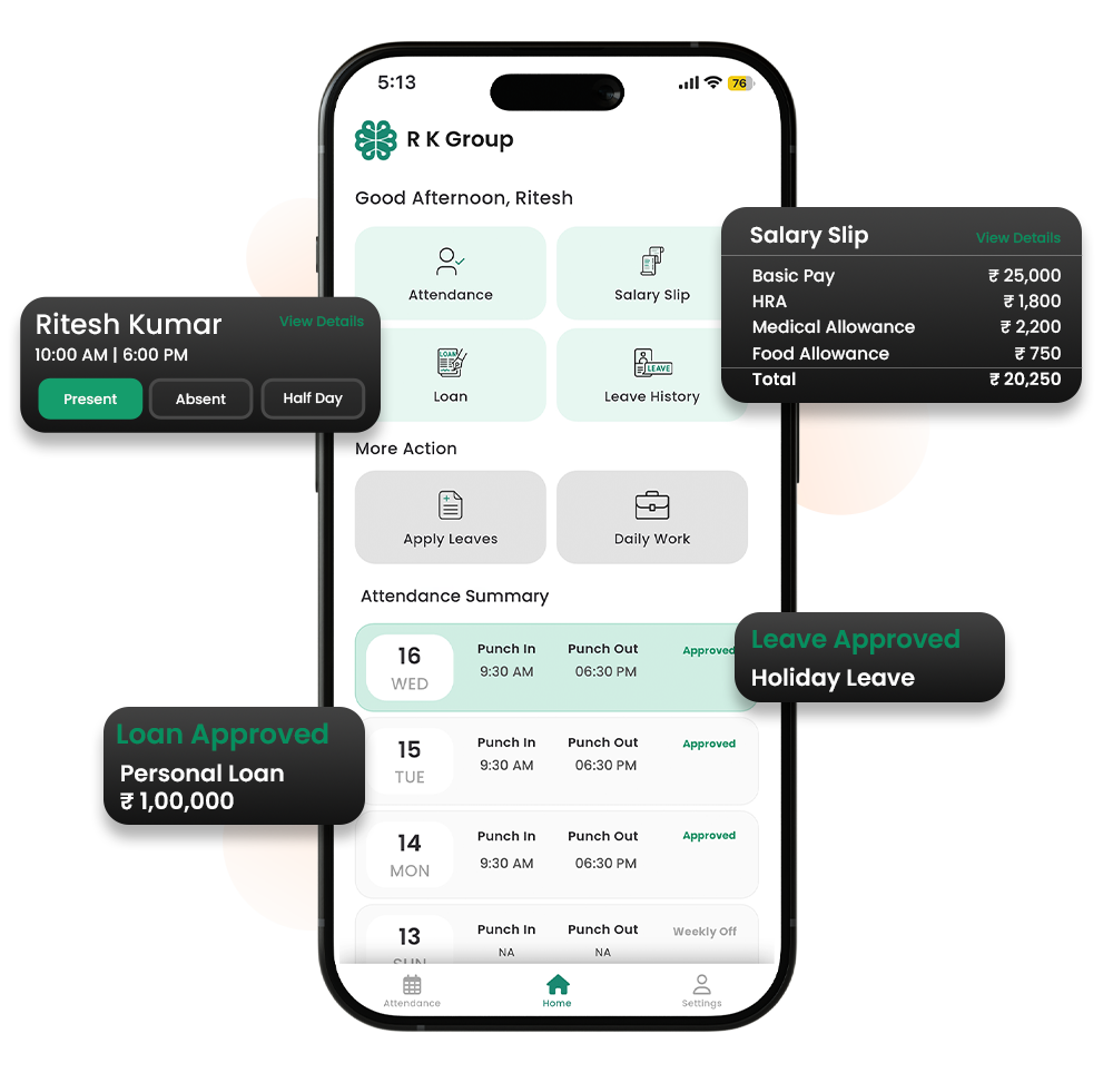 Employee Self-Service Portal Mobile app interface showing employee self-service HRMS features including attendance, salary slip, loan approval, leave history, and attendance summary.