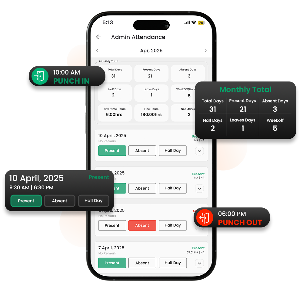 Mobile Attendance Management Dashboard for Employees Mobile interface displaying employee attendance management with punch-in and punch-out times, daily attendance records, and monthly attendance summary.